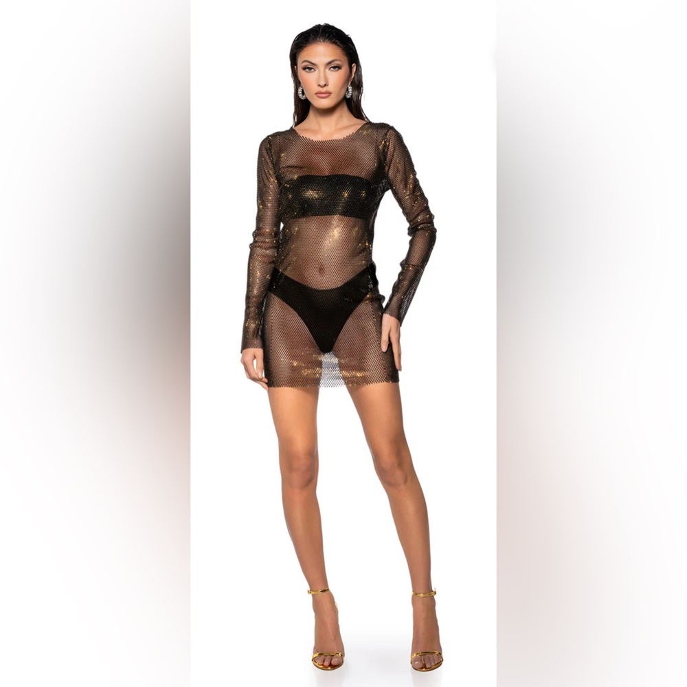 Sheer Black & Gold Rhinestone Dress